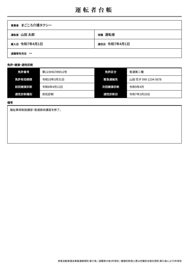 実データ入りの運転者台帳