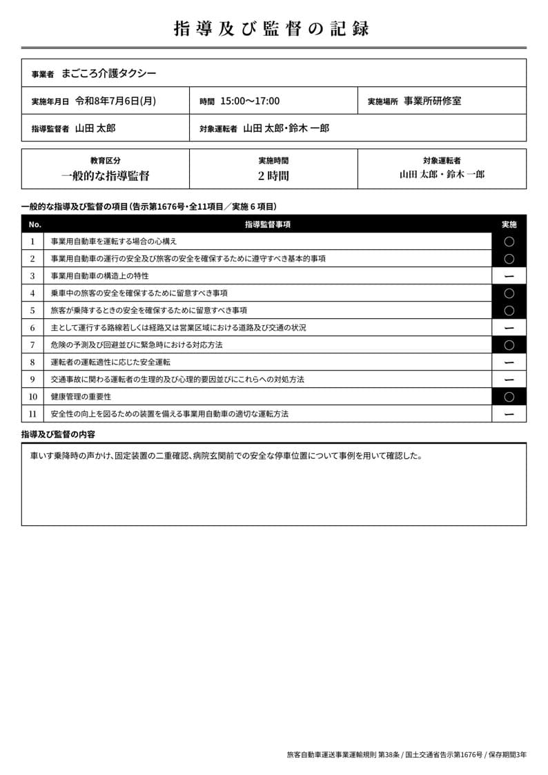 実データ入りの指導及び監督の記録