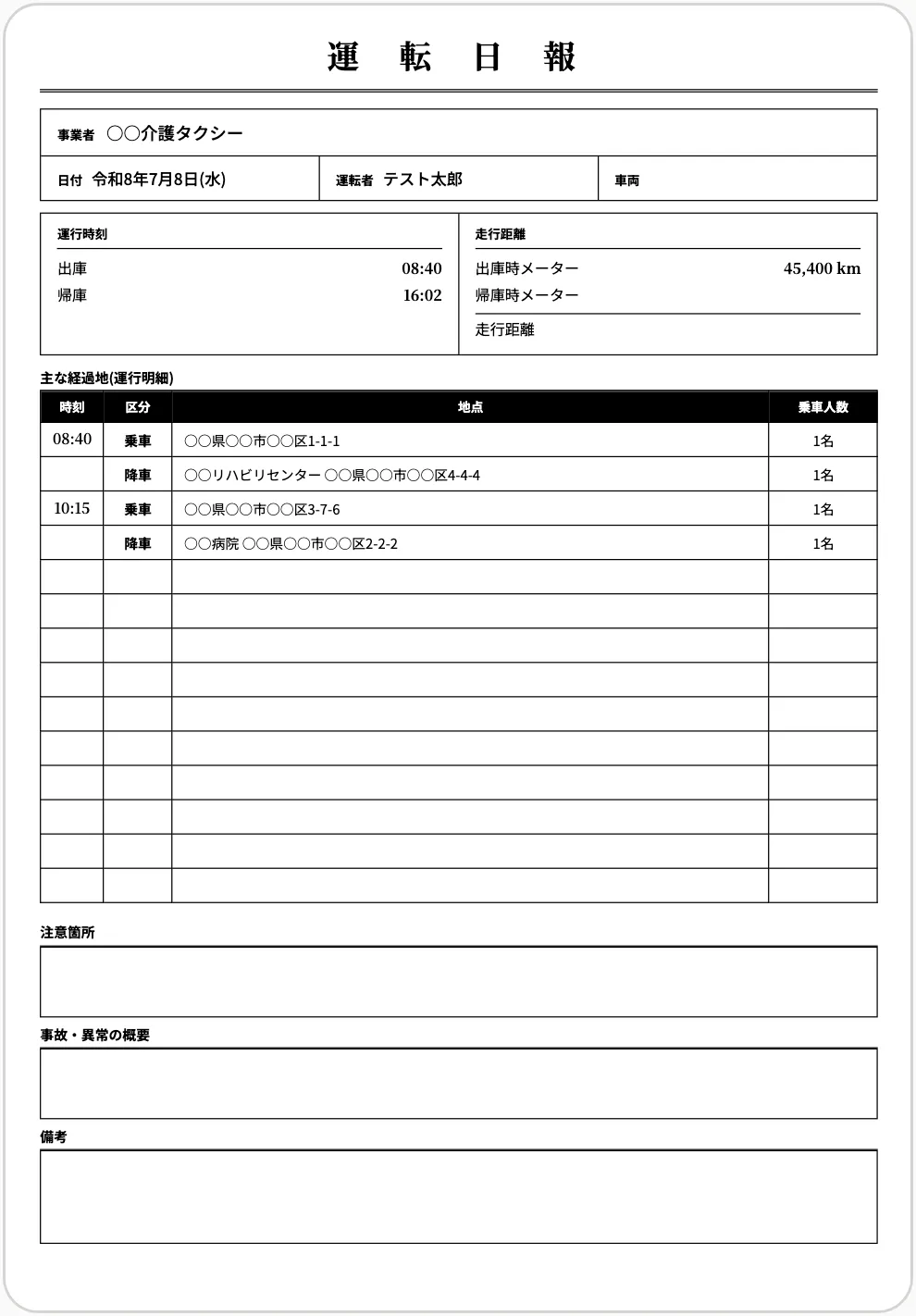 自動作成されたA4運転日報